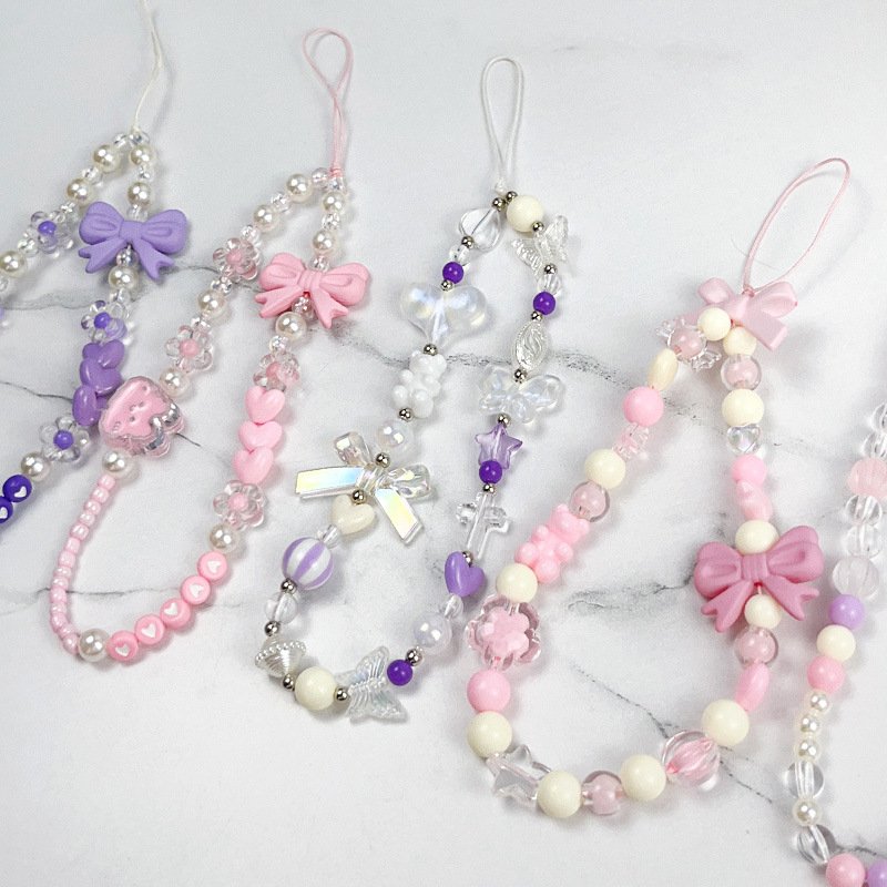 Pearl Acrylic Mobile Phone Straps Colourful Crystal Chain Cute Phone Charm Universal Beaded Phone Lanyard Wrist Strap
