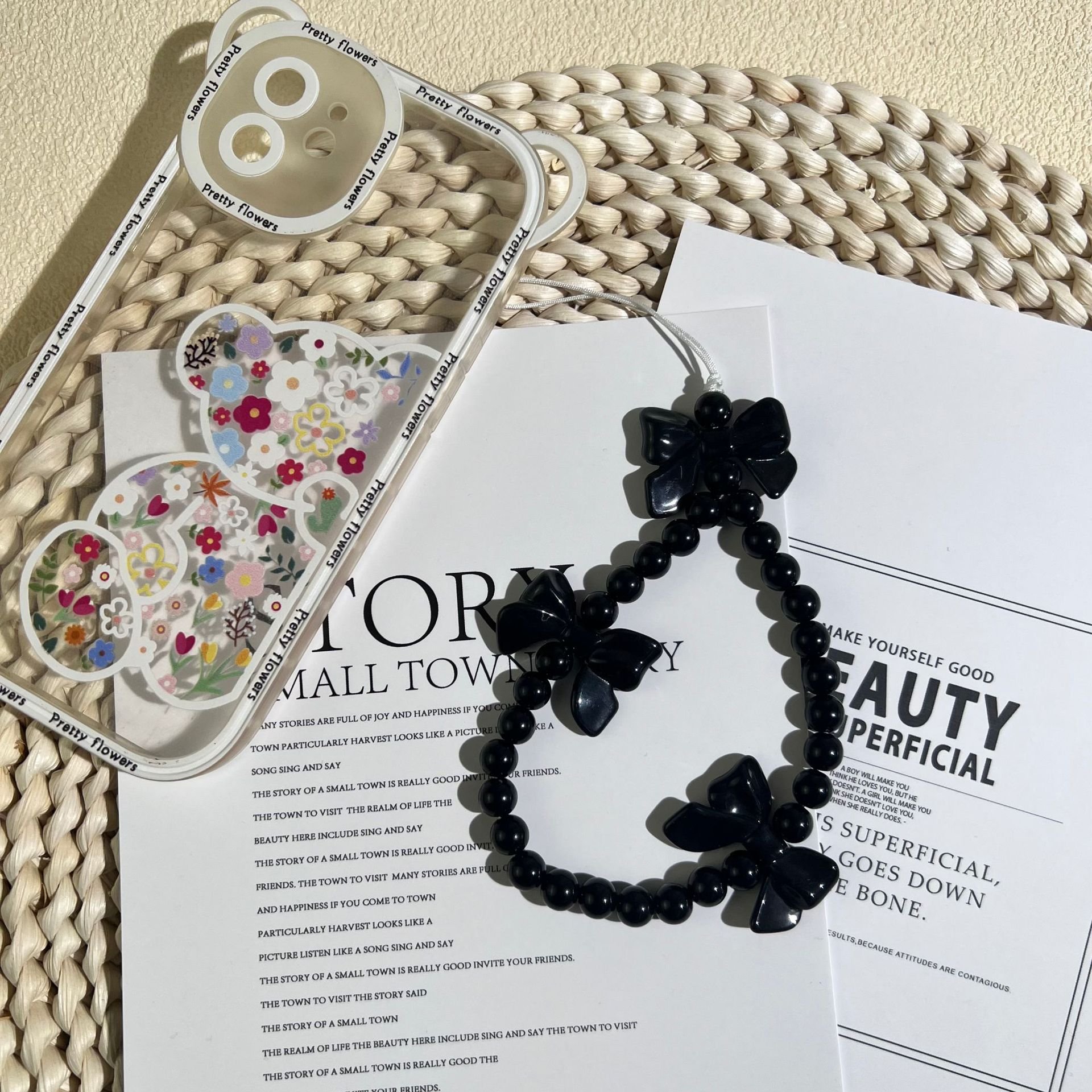 Fashion Women Girls Cute Bowknot Acrylic Beaded Mobile Charms Chain Phone Lanyard Anti Loss Wrist Strap Jewelry Accessories