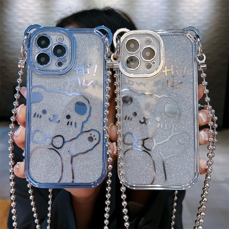 Fashion brand electroplated glitter Bear fashion phone case for iPhone16promax 15 portable long rope 14pro 13 fall 12 11
