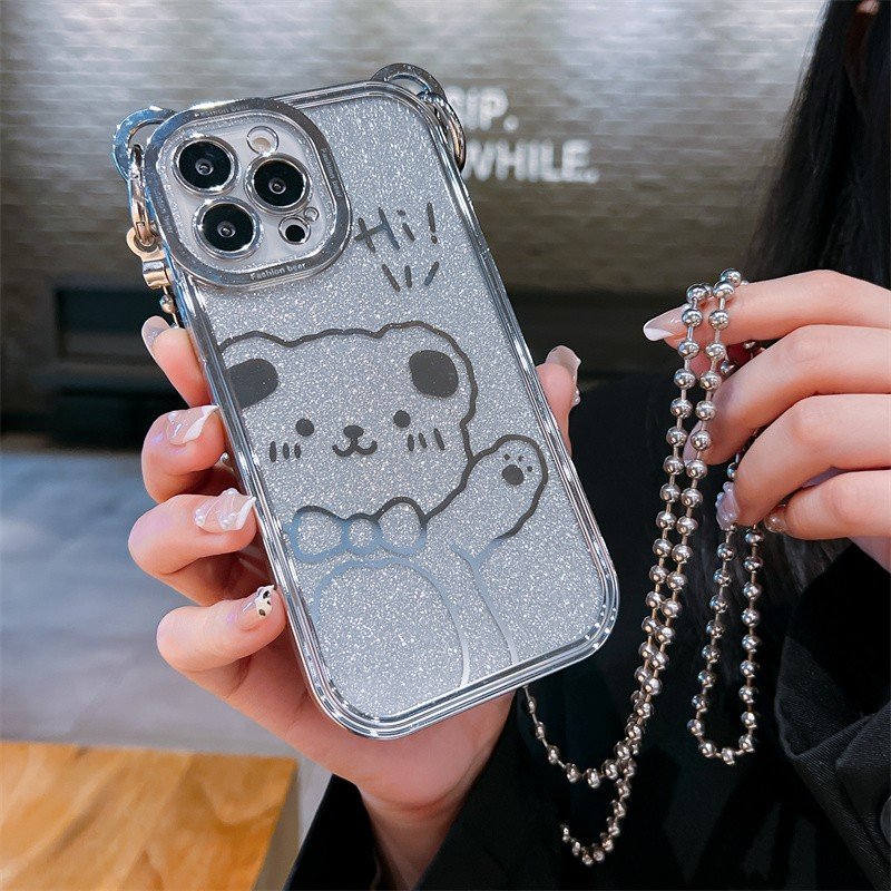 Fashion brand electroplated glitter Bear fashion phone case for iPhone16promax 15 portable long rope 14pro 13 fall 12 11