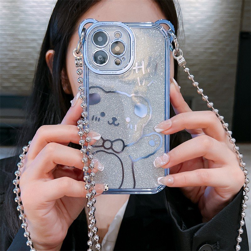 Fashion brand electroplated glitter Bear fashion phone case for iPhone16promax 15 portable long rope 14pro 13 fall 12 11
