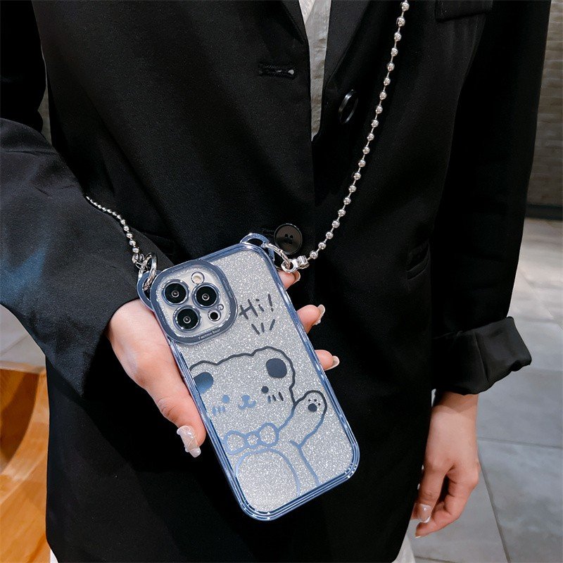 Fashion brand electroplated glitter Bear fashion phone case for iPhone16promax 15 portable long rope 14pro 13 fall 12 11