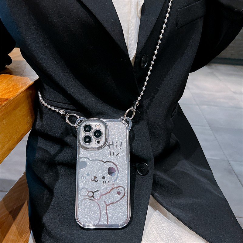 Fashion brand electroplated glitter Bear fashion phone case for iPhone16promax 15 portable long rope 14pro 13 fall 12 11