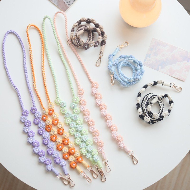 Personalized Handmade Braided Flower Cell Phone Lanyard Bohemian Colorful Daisy Floral Long Crossbody Bag Hanging Jewelry