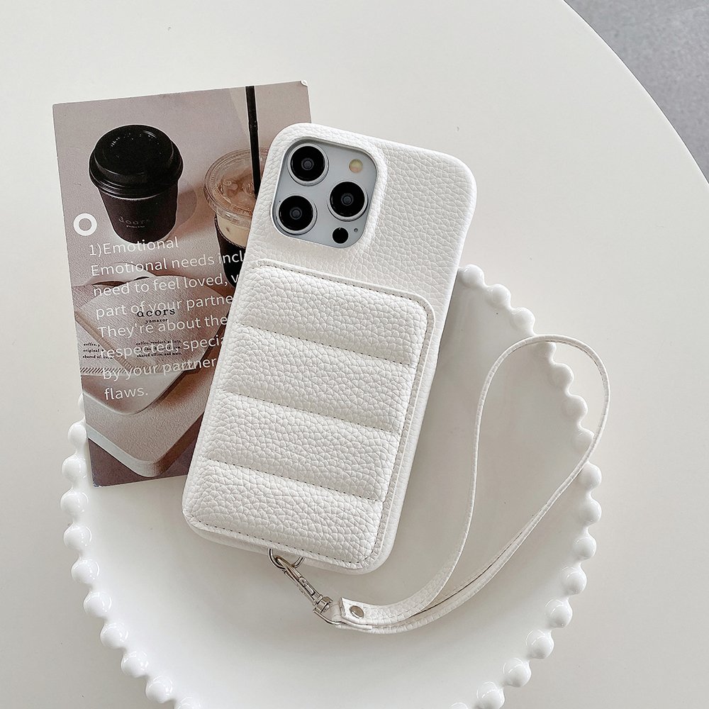 For iPhone 15 14 13 pro max Plus Lychee Pattern Flip Phone Cover Leather Wallet Card Holder Mobile Phone Case With Wrist Strap