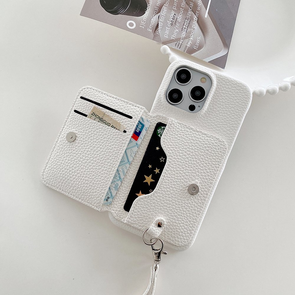For iPhone 15 14 13 pro max Plus Lychee Pattern Flip Phone Cover Leather Wallet Card Holder Mobile Phone Case With Wrist Strap