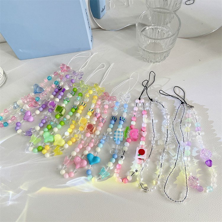 Wholesale Handmade Rainbow Color Crystal Fruit Pearl Beads Phone Lanyard Wrist Strap Mobile Phone Charm Chain