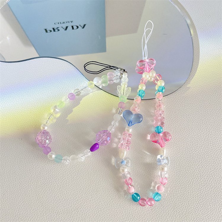 Wholesale Handmade Rainbow Color Crystal Fruit Pearl Beads Phone Lanyard Wrist Strap Mobile Phone Charm Chain