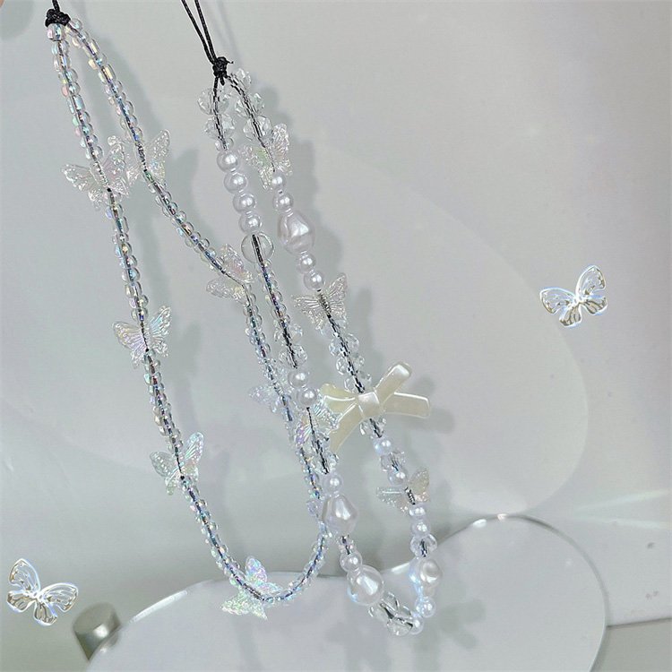 Wholesale Handmade Rainbow Color Crystal Fruit Pearl Beads Phone Lanyard Wrist Strap Mobile Phone Charm Chain