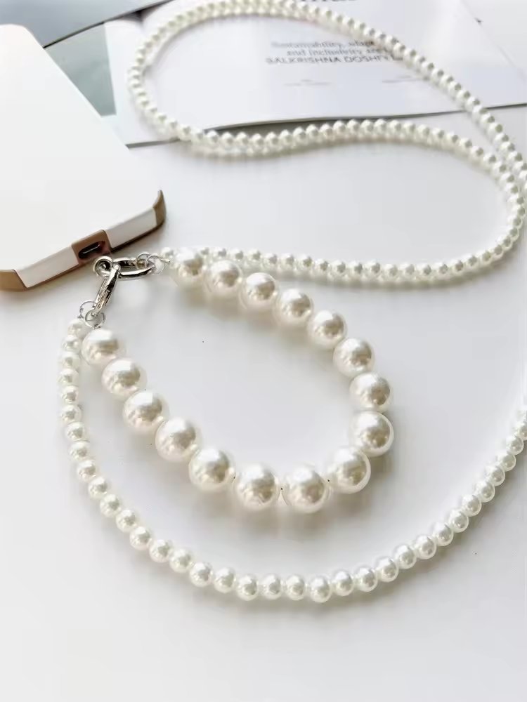2024 Universal double-layer Pearl Beaded Phone Case Chain Crossbody Shoulder Cell Mobile Phone Lanyard Wrist Straps with Patch