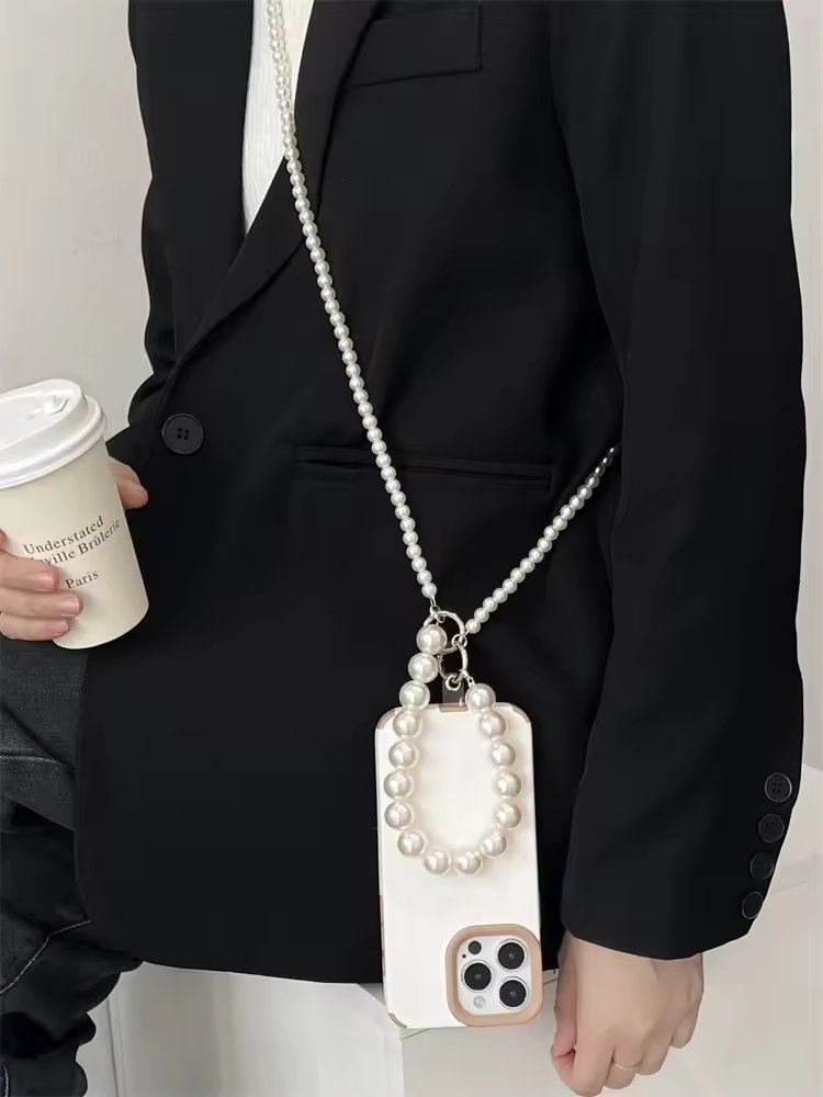 2024 Universal double-layer Pearl Beaded Phone Case Chain Crossbody Shoulder Cell Mobile Phone Lanyard Wrist Straps with Patch