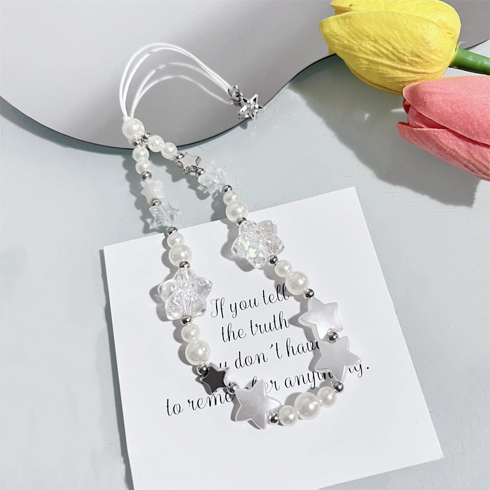 INS Korean Cute White Bow Heart Pearl Beads Beaded Phone Chain For iPhone Camera Hanging Rope Anti-Lost Lanyard Hanging Jewelry