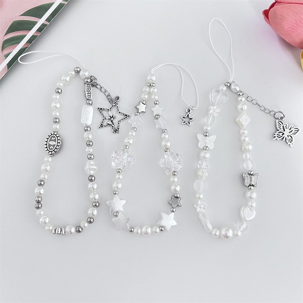 INS Korean Cute White Bow Heart Pearl Beads Beaded Phone Chain For iPhone Camera Hanging Rope Anti-Lost Lanyard Hanging Jewelry