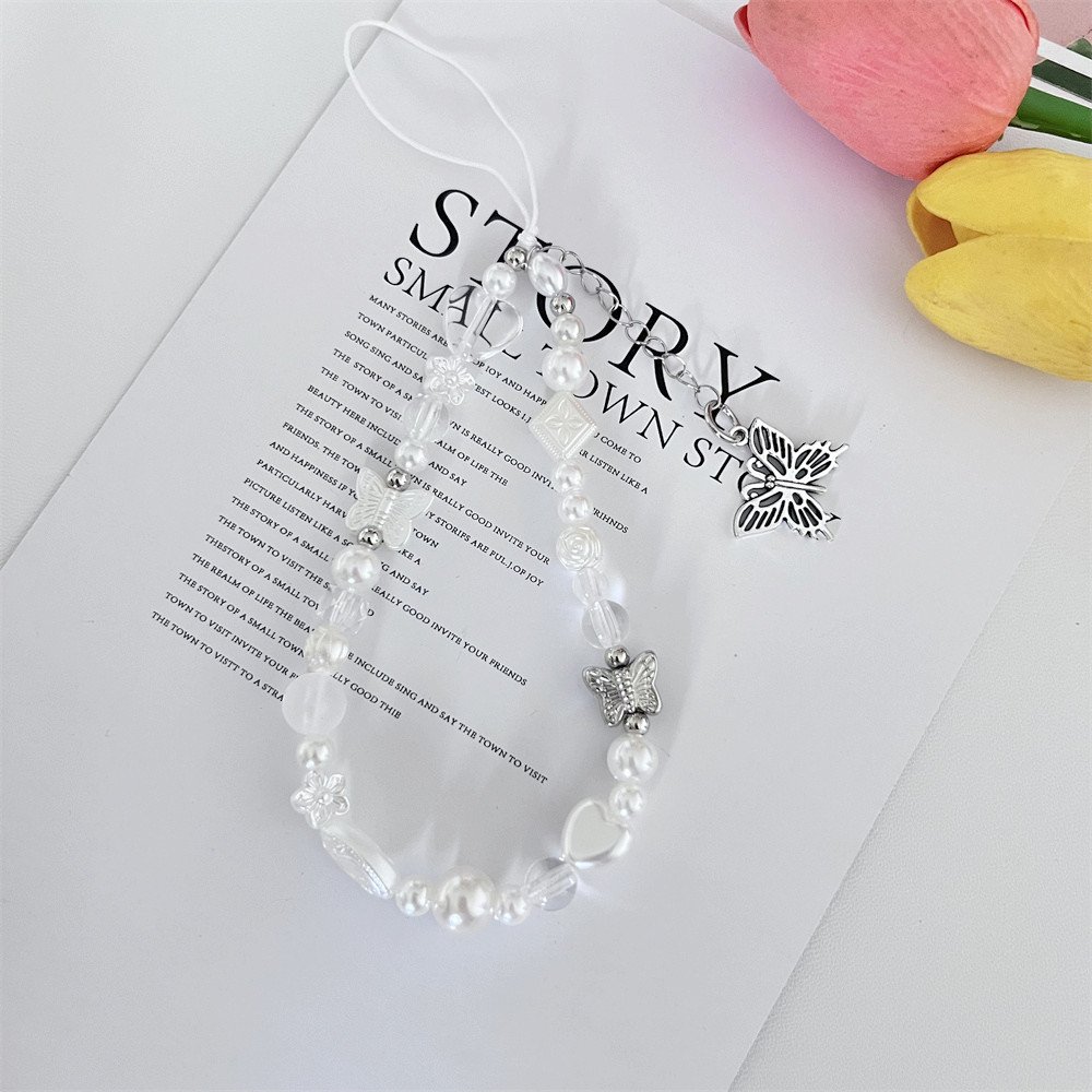 INS Korean Cute White Bow Heart Pearl Beads Beaded Phone Chain For iPhone Camera Hanging Rope Anti-Lost Lanyard Hanging Jewelry