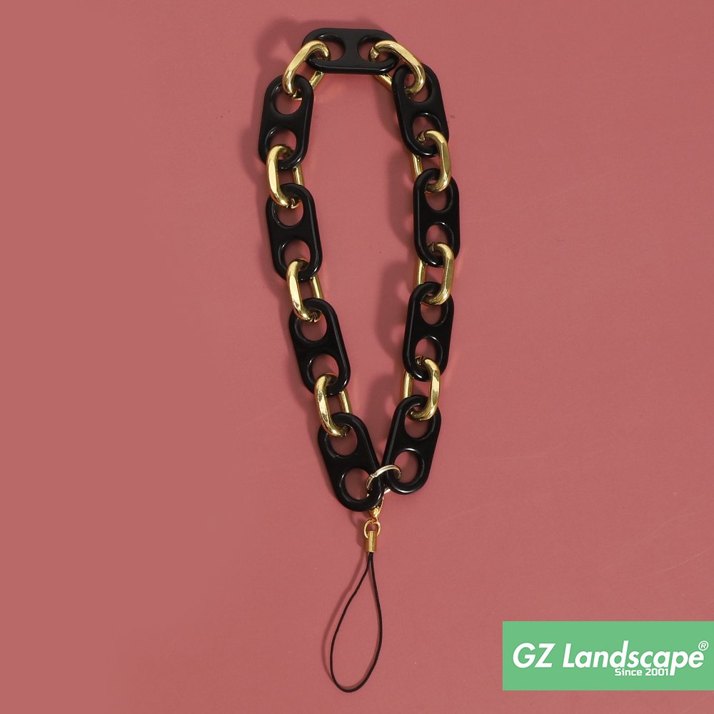 Fashion transparent black and gold link chain cell phone strap string custom mobile phone charm for phone case decoration