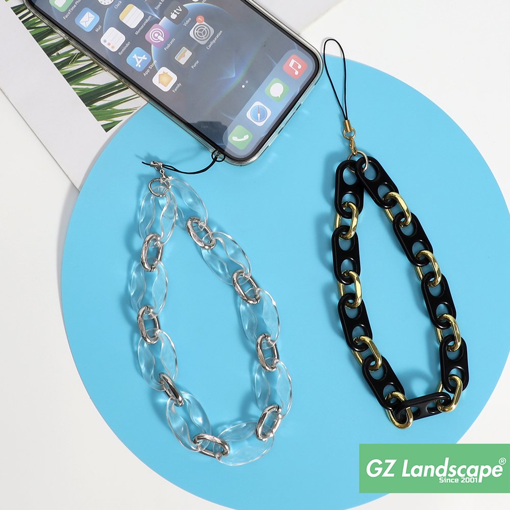 Fashion transparent black and gold link chain cell phone strap string custom mobile phone charm for phone case decoration