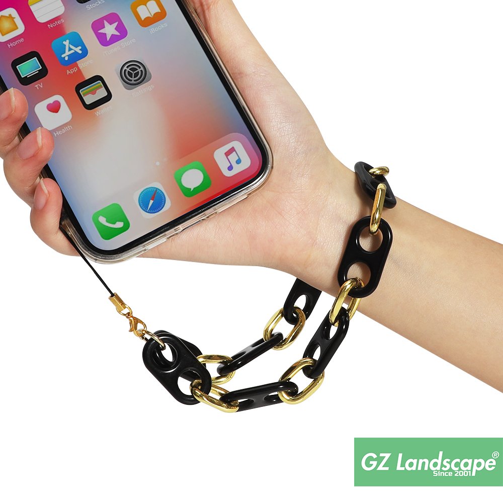 Fashion transparent black and gold link chain cell phone strap string custom mobile phone charm for phone case decoration