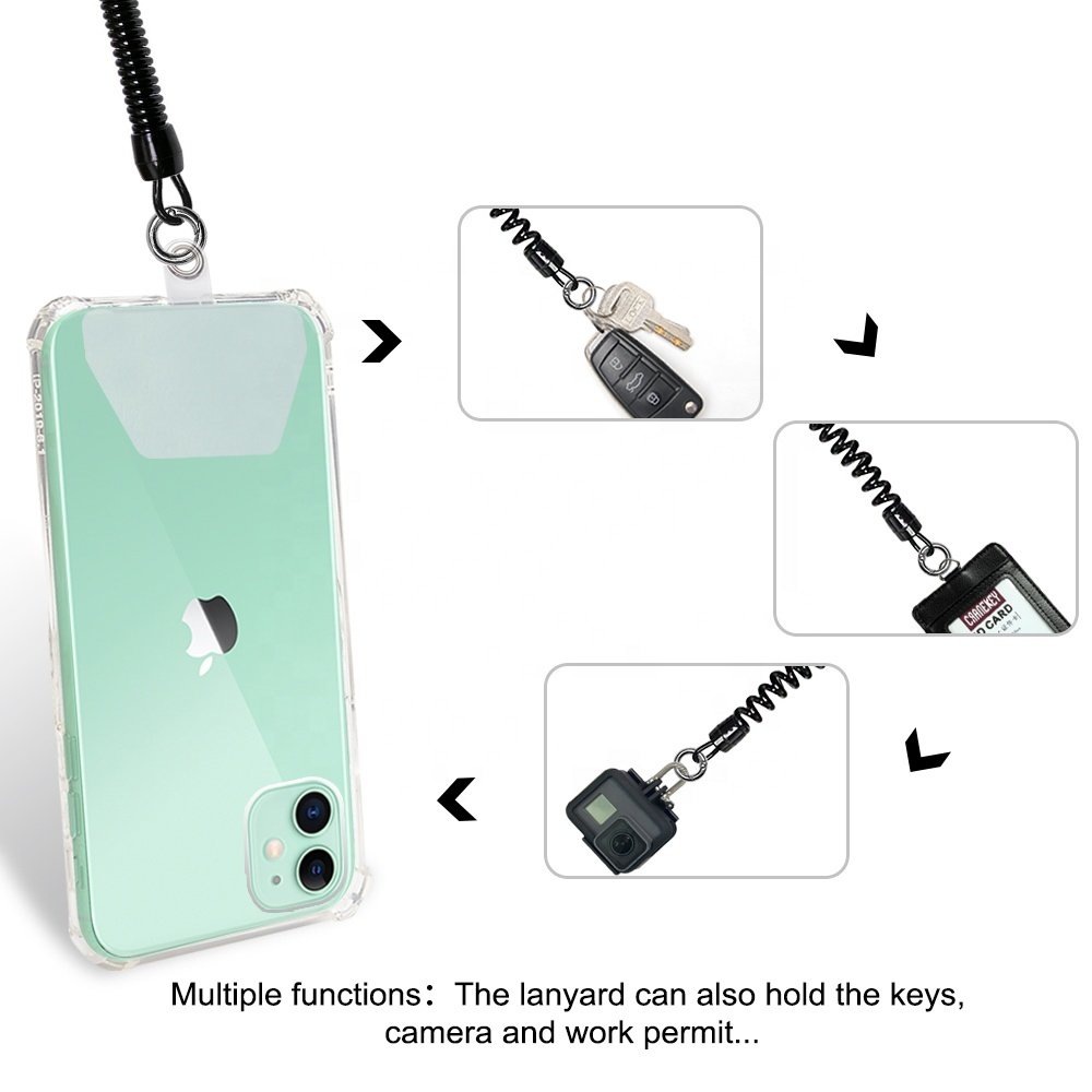 Universal phone lanyard manufacturers supply mobile phone pendant rope elastic keychain carabiner black spring rope