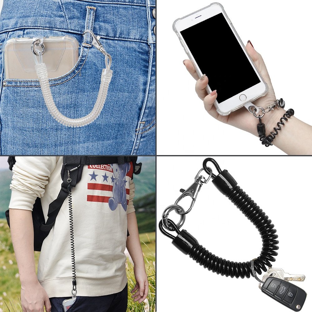 Universal phone lanyard manufacturers supply mobile phone pendant rope elastic keychain carabiner black spring rope