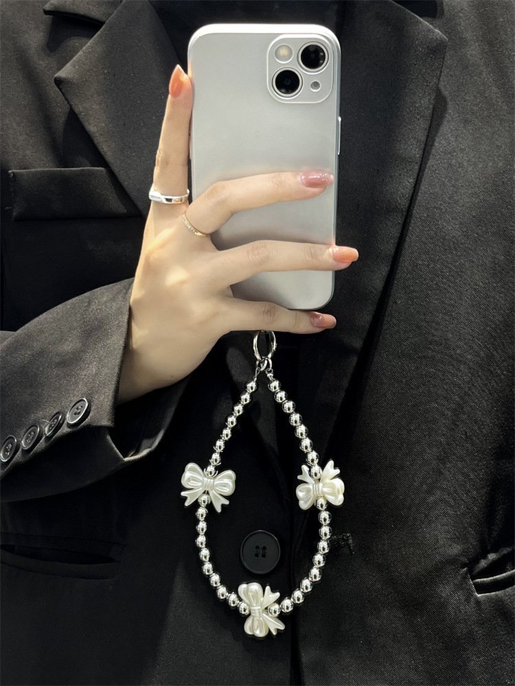 Hot sale plastic resin heart bow beaded Wrist Straps for Phone Popular Mobile Phone Key Chain Crossbody Lanyard Charm with Patch