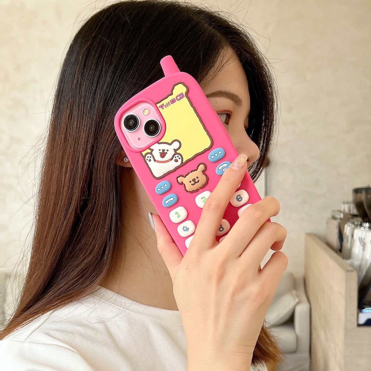 Cute Cellular Silicone Mobile Phone Case For iPhone 16 15 14 13 12 11 Pro max cell bear Press key Cartoon Shockproof Back Cover