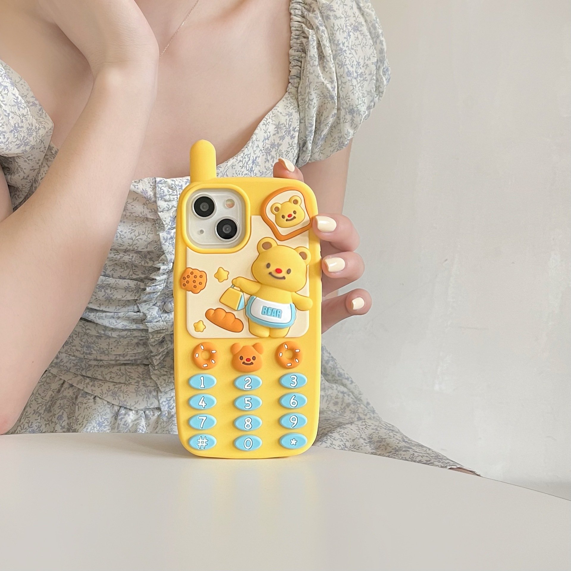 Cute Cellular Silicone Mobile Phone Case For iPhone 16 15 14 13 12 11 Pro max cell bear Press key Cartoon Shockproof Back Cover