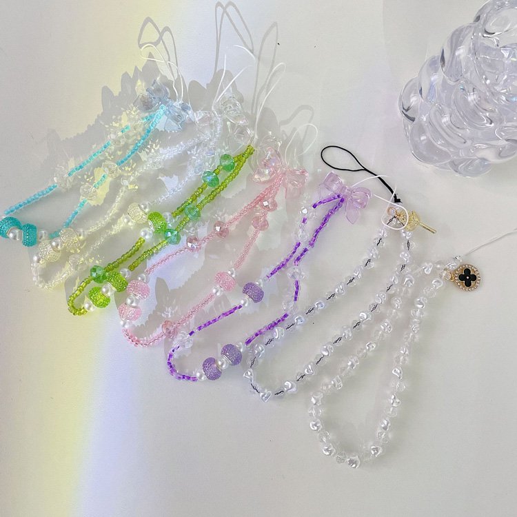 Luxury cute transparent colorful chain mobile phone straps 3D pearl bow Wrist Bead Charms Cute Phone Charm Strap