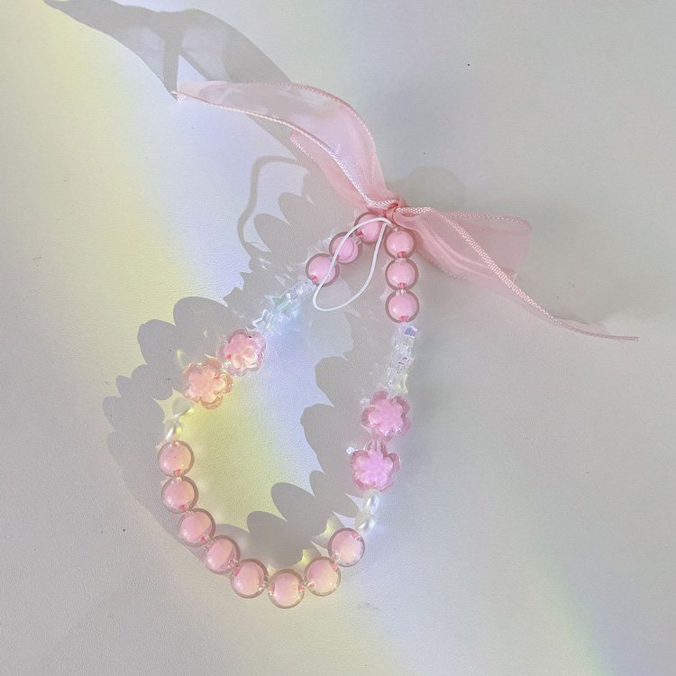 Luxury cute transparent colorful chain mobile phone straps 3D pearl bow Wrist Bead Charms Cute Phone Charm Strap