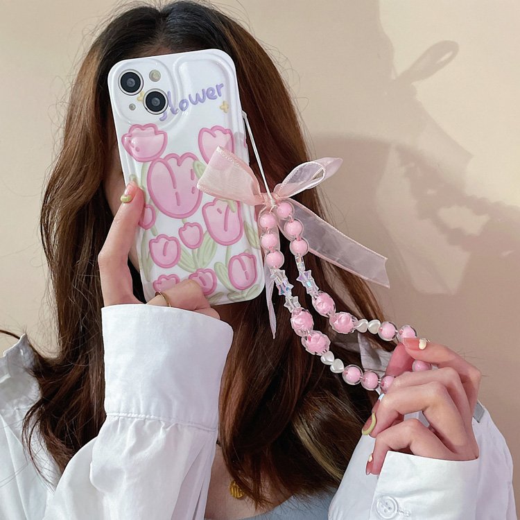Luxury cute transparent colorful chain mobile phone straps 3D pearl bow Wrist Bead Charms Cute Phone Charm Strap