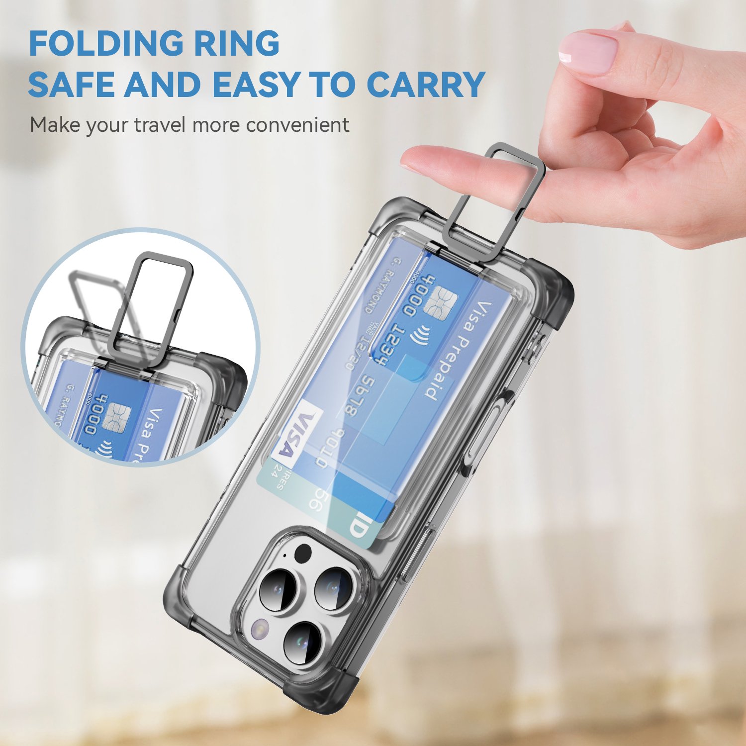 Metal Ring Holder Hard Acrylic Back TPU Side Transparent Clear Case Card Wallet Function Mobile Cover for iPhone 16 Pro Max
