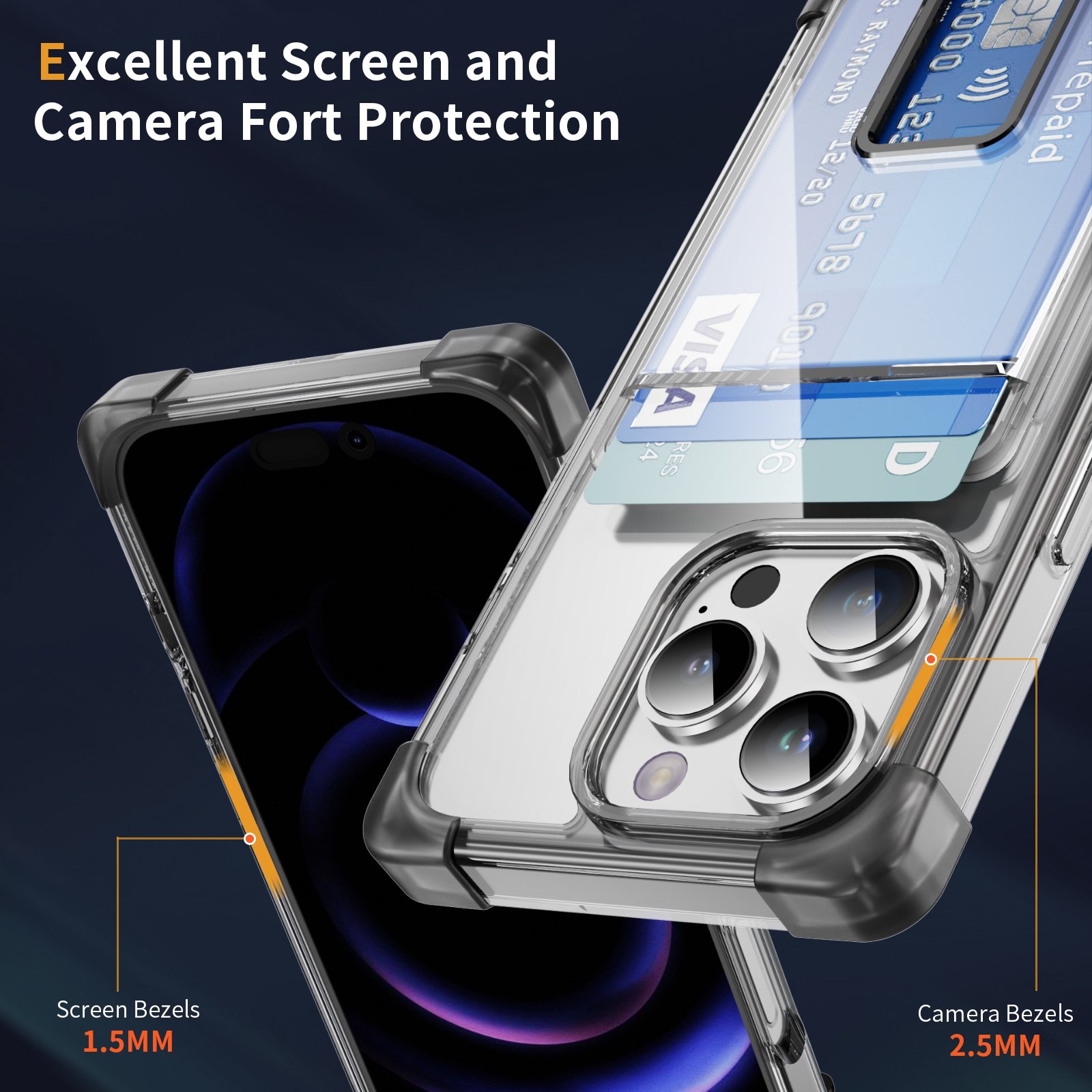 Metal Ring Holder Hard Acrylic Back TPU Side Transparent Clear Case Card Wallet Function Mobile Cover for iPhone 16 Pro Max