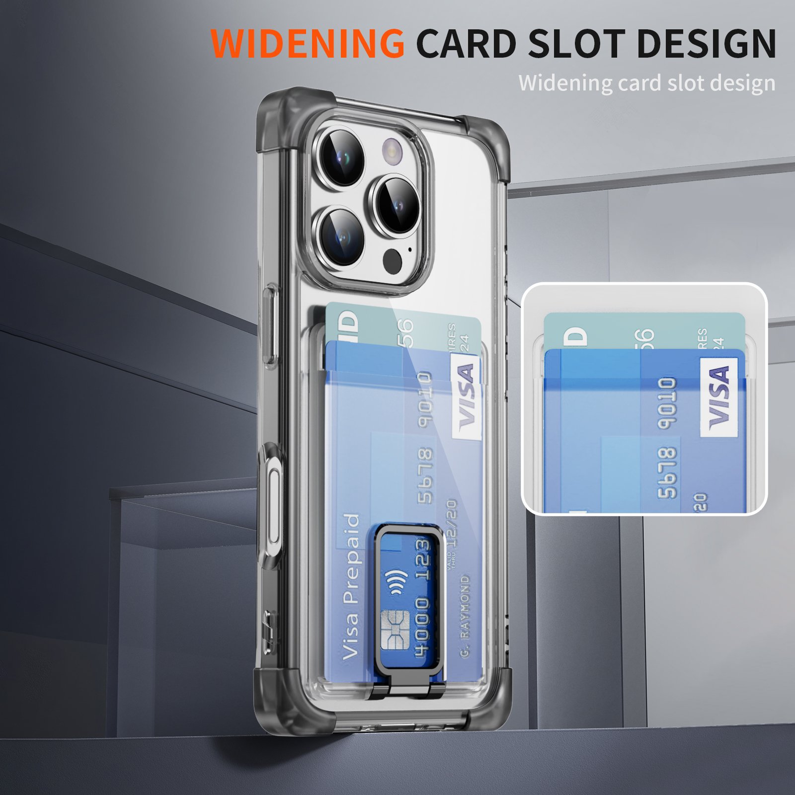 Metal Ring Holder Hard Acrylic Back TPU Side Transparent Clear Case Card Wallet Function Mobile Cover for iPhone 16 Pro Max