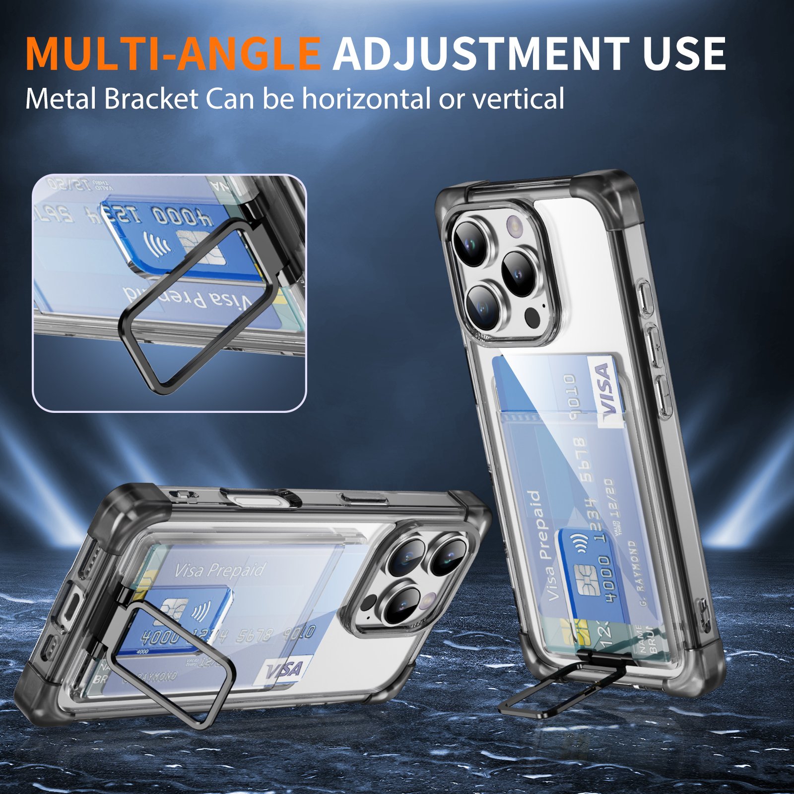 Metal Ring Holder Hard Acrylic Back TPU Side Transparent Clear Case Card Wallet Function Mobile Cover for iPhone 16 Pro Max