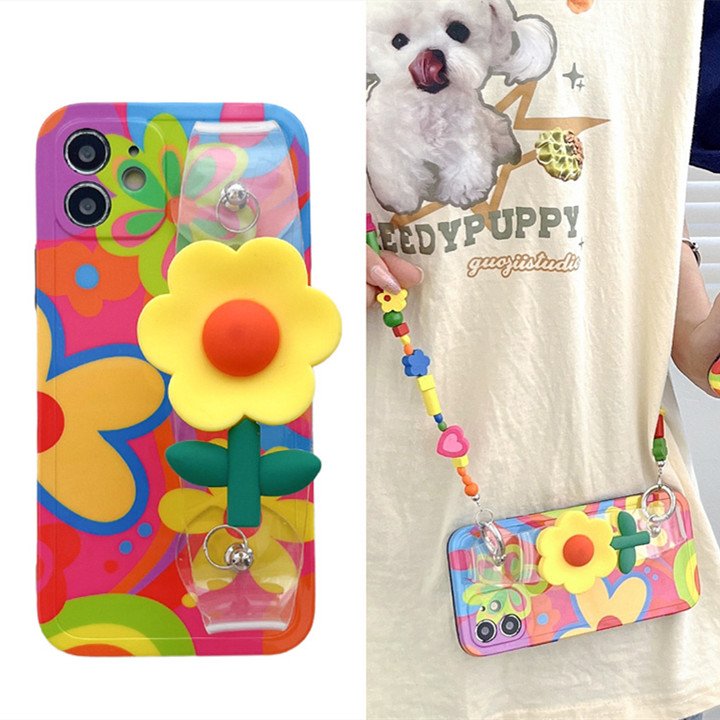 Fashion Girls IMD Flower Wrist Strap Mobile Phone Case For iPhone 11 12 13 14 15 16 pro max Wristband Shockproof Protect Cover