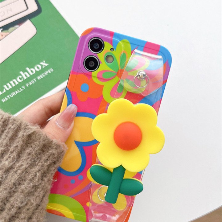 Fashion Girls IMD Flower Wrist Strap Mobile Phone Case For iPhone 11 12 13 14 15 16 pro max Wristband Shockproof Protect Cover