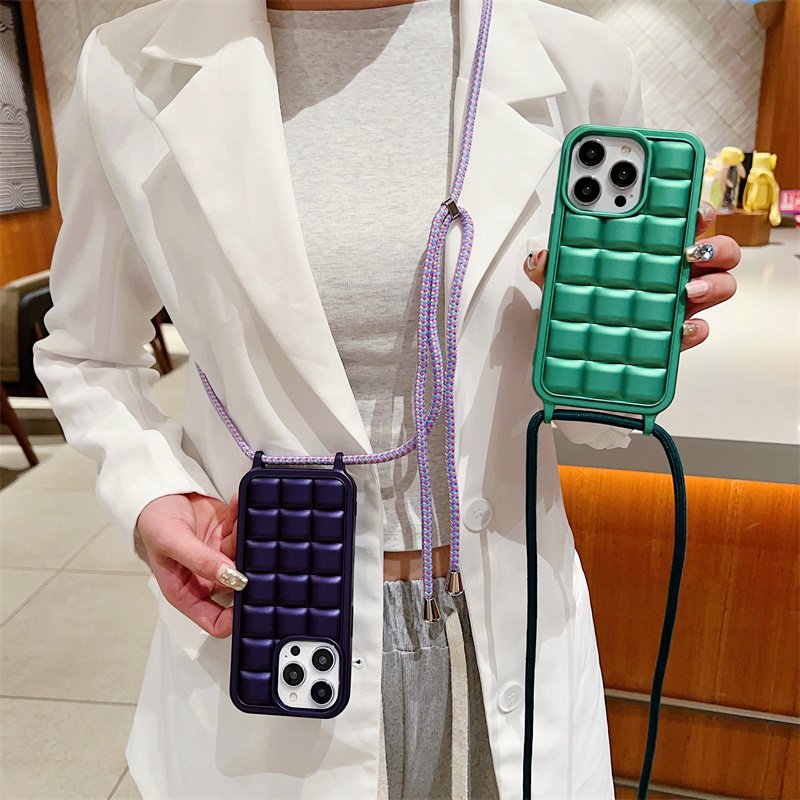 Fashion crossbody strap lanyard phone case for iphone 15 14 13 12 pro max shockproof plating lattice bumper soft cover