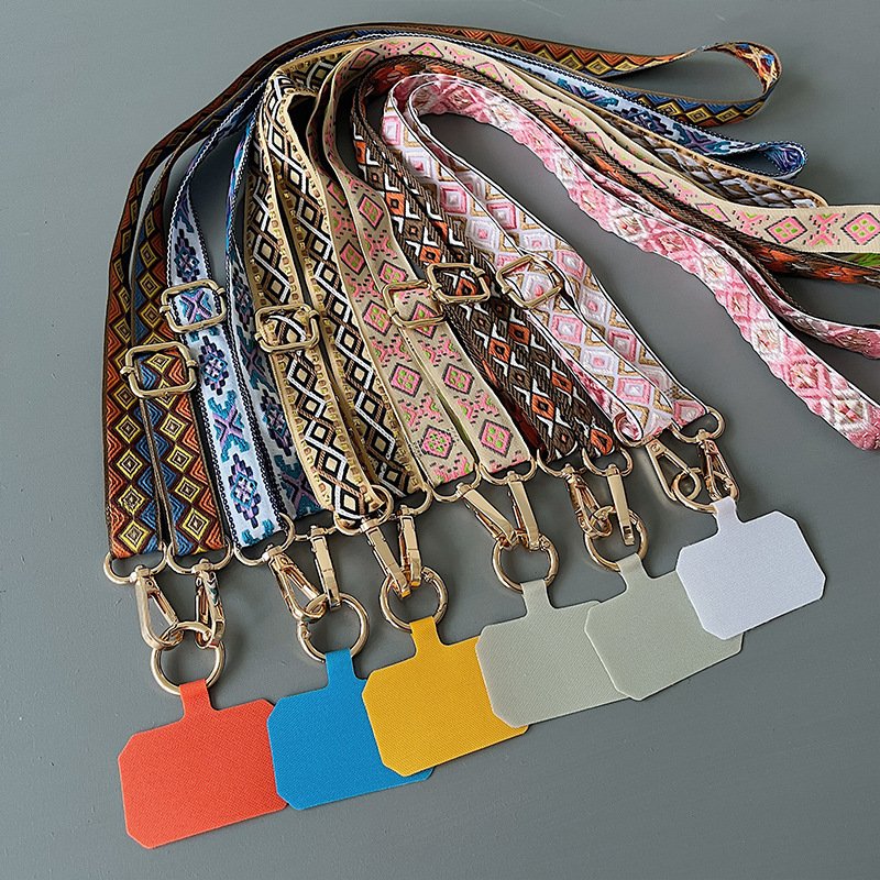 Retro Embroidered Crossbody Mobile Phone Lanyard Removable Adjustable Neck Strap with Clip Universal Phone Case Anti-lost Rope
