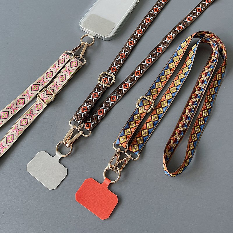 Retro Embroidered Crossbody Mobile Phone Lanyard Removable Adjustable Neck Strap with Clip Universal Phone Case Anti-lost Rope