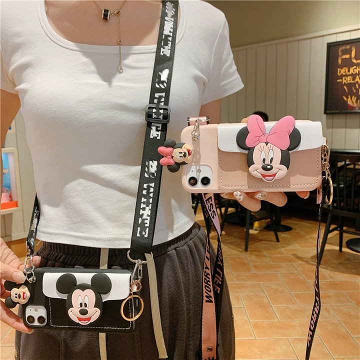 Hot Silicone Cover Cartoon Mickey Phone Case For iPhone 14 13 12 11Pro XS Cute Minnie Cell Phone Shell With Wallet Phone Strap