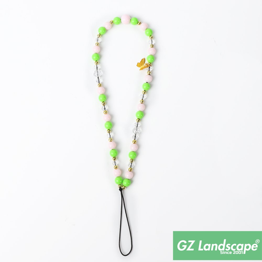Custom laser metal logo pink green bead butterfly pedant cell phone chain strap cute decorate mobile phone charm