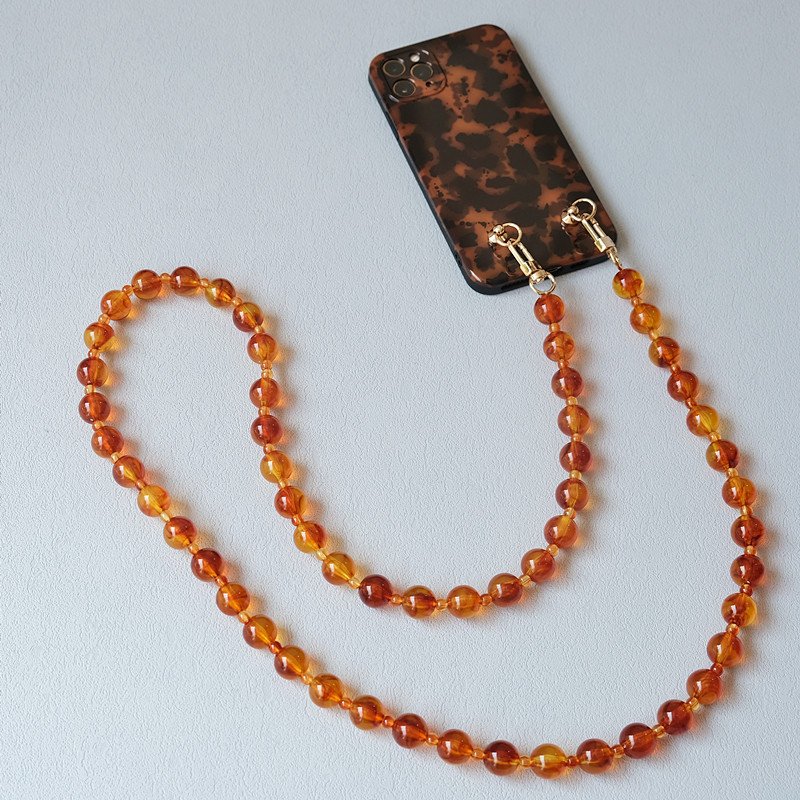 Clear Beads Mobile Phone Necklace Shoulder Strap Bag Hanging Lanyard Brown Beige Resin Beaded Crossbody Phone Chain 33cm 120cm