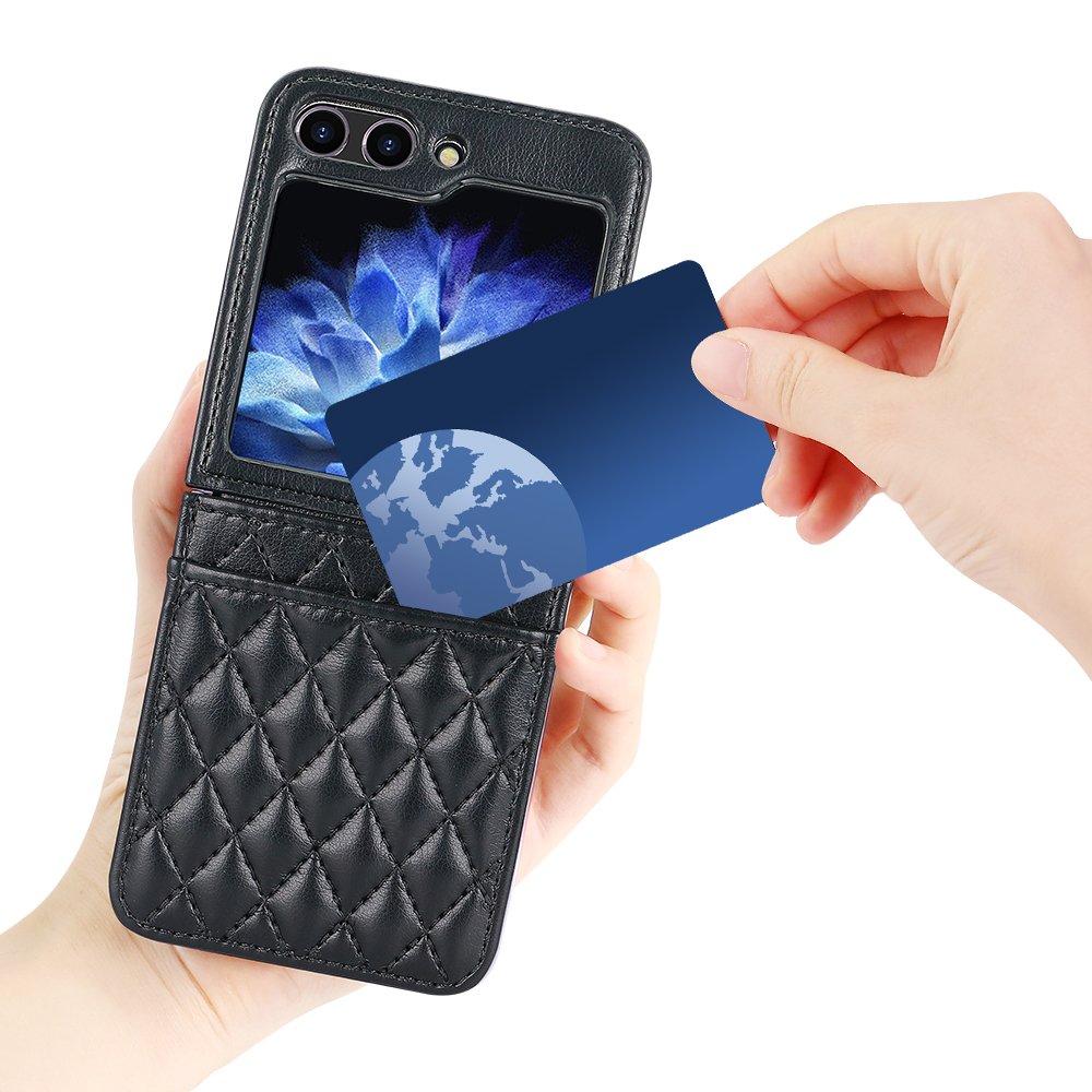 VIETAO Compatible for Samsung galaxy z flip 6 case with hand strap, PU leather card slot mobile phone cover for galaxy z flip 5