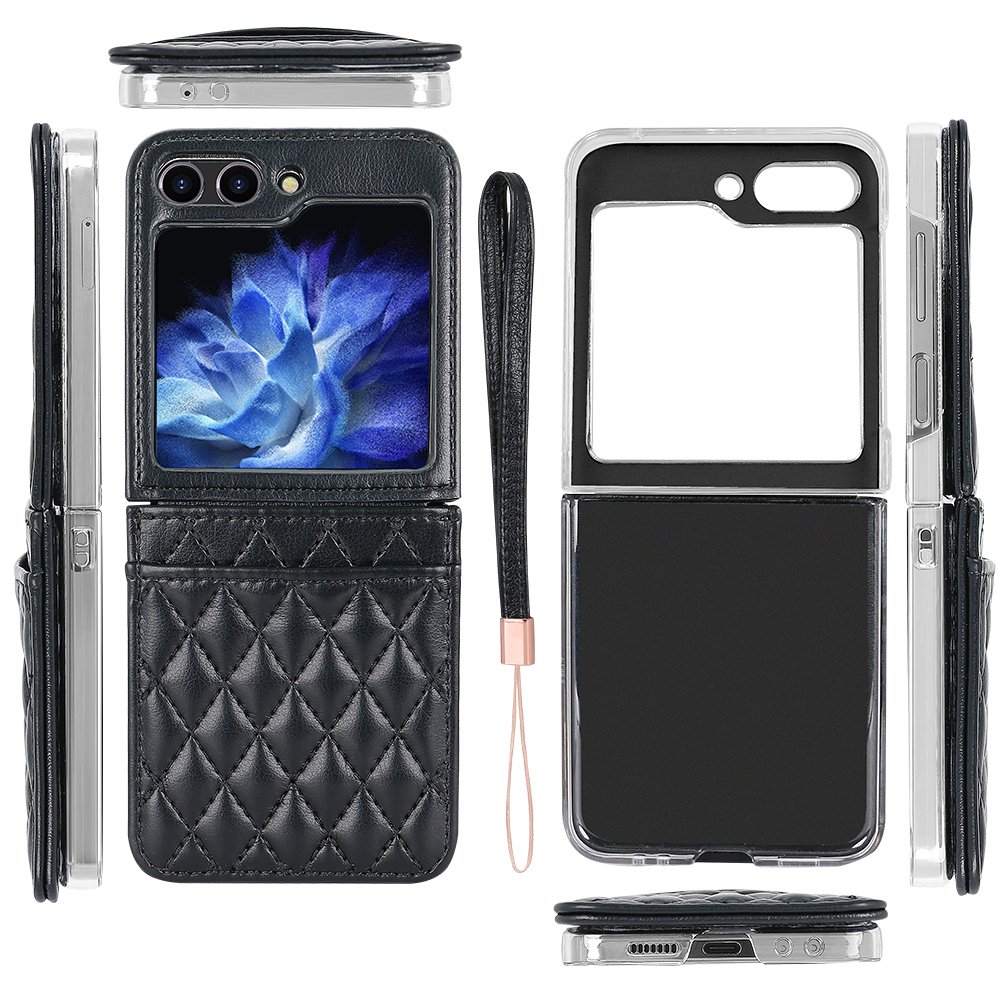 VIETAO Compatible for Samsung galaxy z flip 6 case with hand strap, PU leather card slot mobile phone cover for galaxy z flip 5