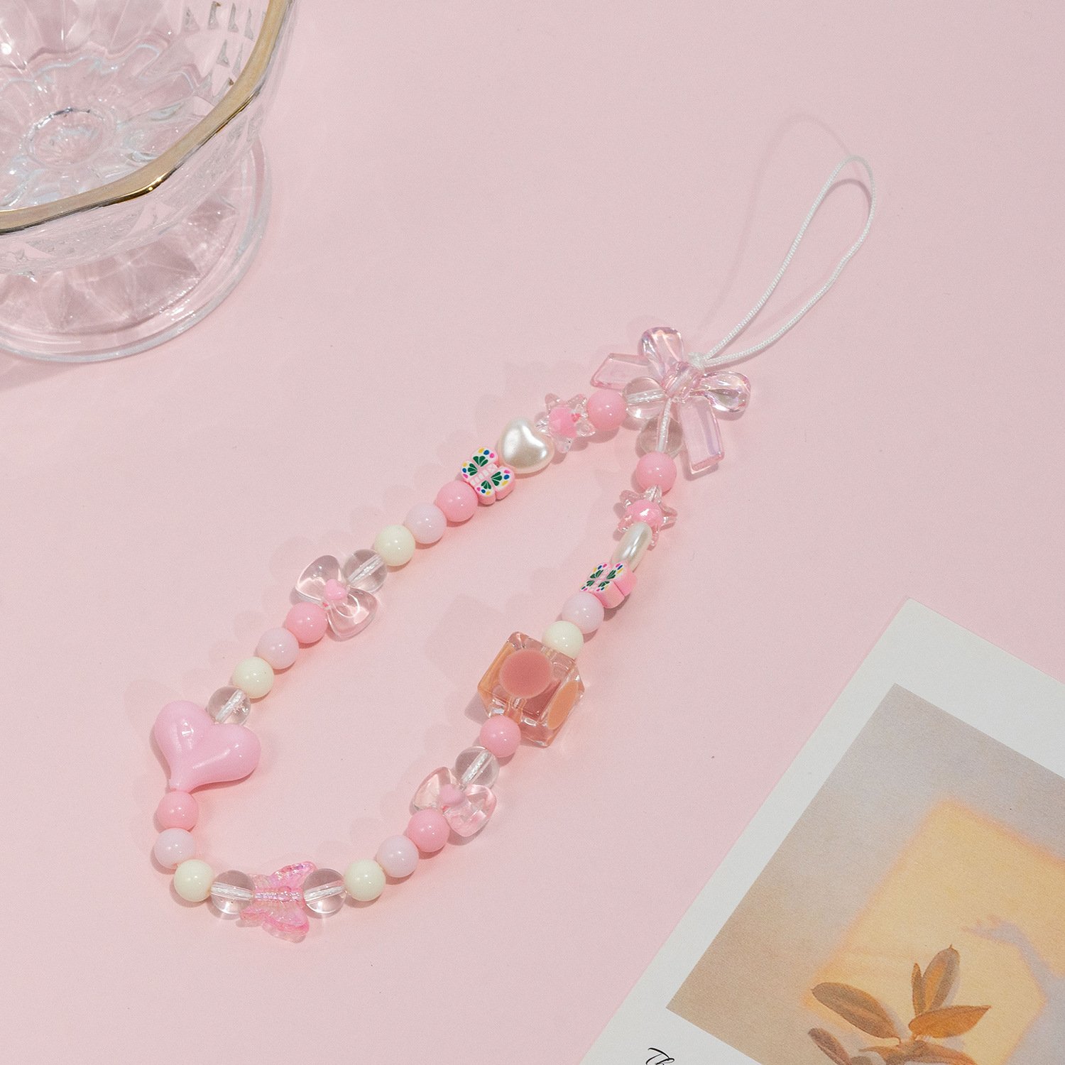 New bow love beads diy creative fashion mobile phone lanyard mobile phone shell accessories mobile phone chain lanyard strap