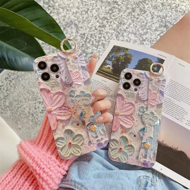 Luxury flower wristband diamond mobile phone accessories PC TPU Hard fashion lady back cover for iphone 15 16 pro max phone case