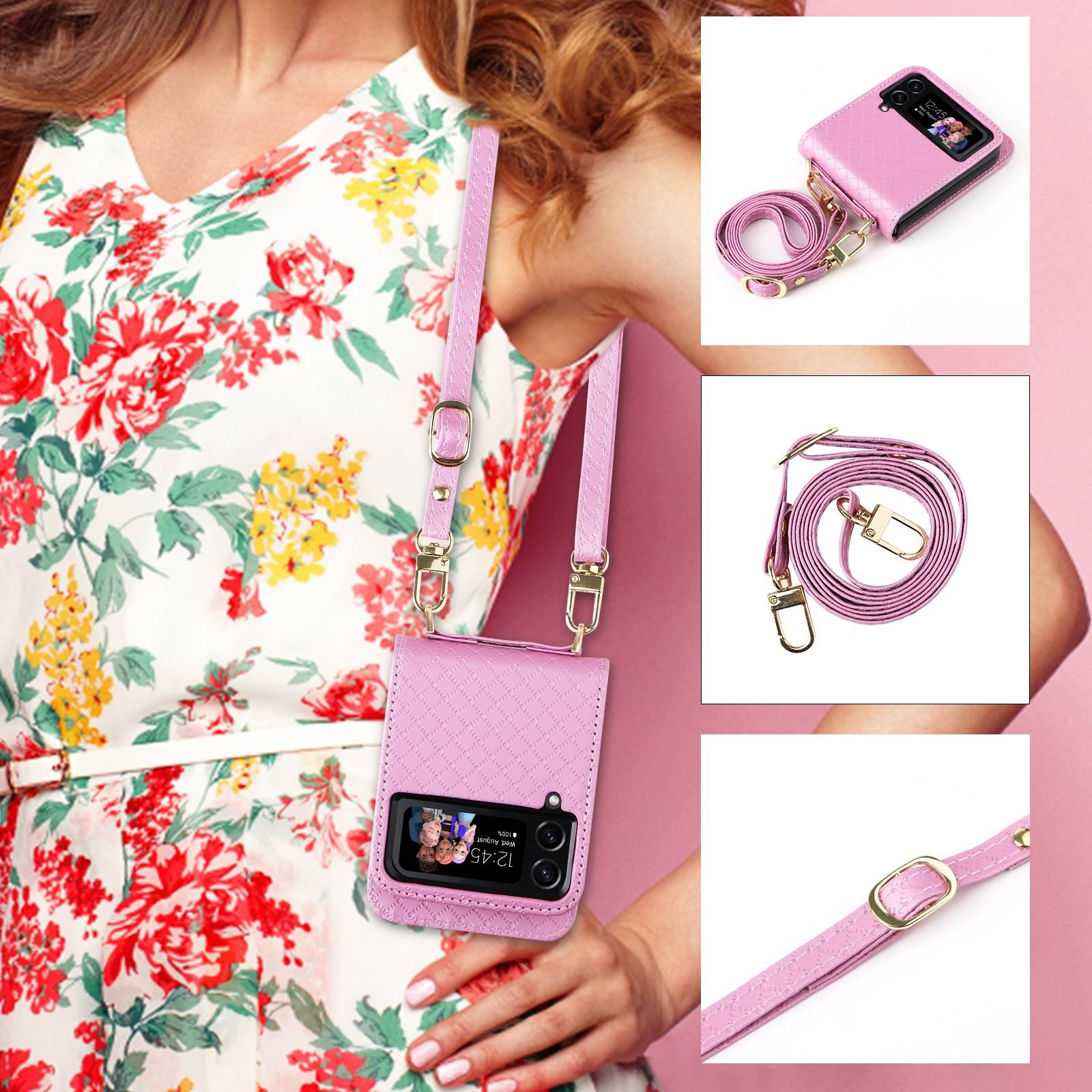 Card holder slot phone case for Samsung Galaxy Z Flip4 Flip3 PU leather phone bag With Lanyard Flexible Strap