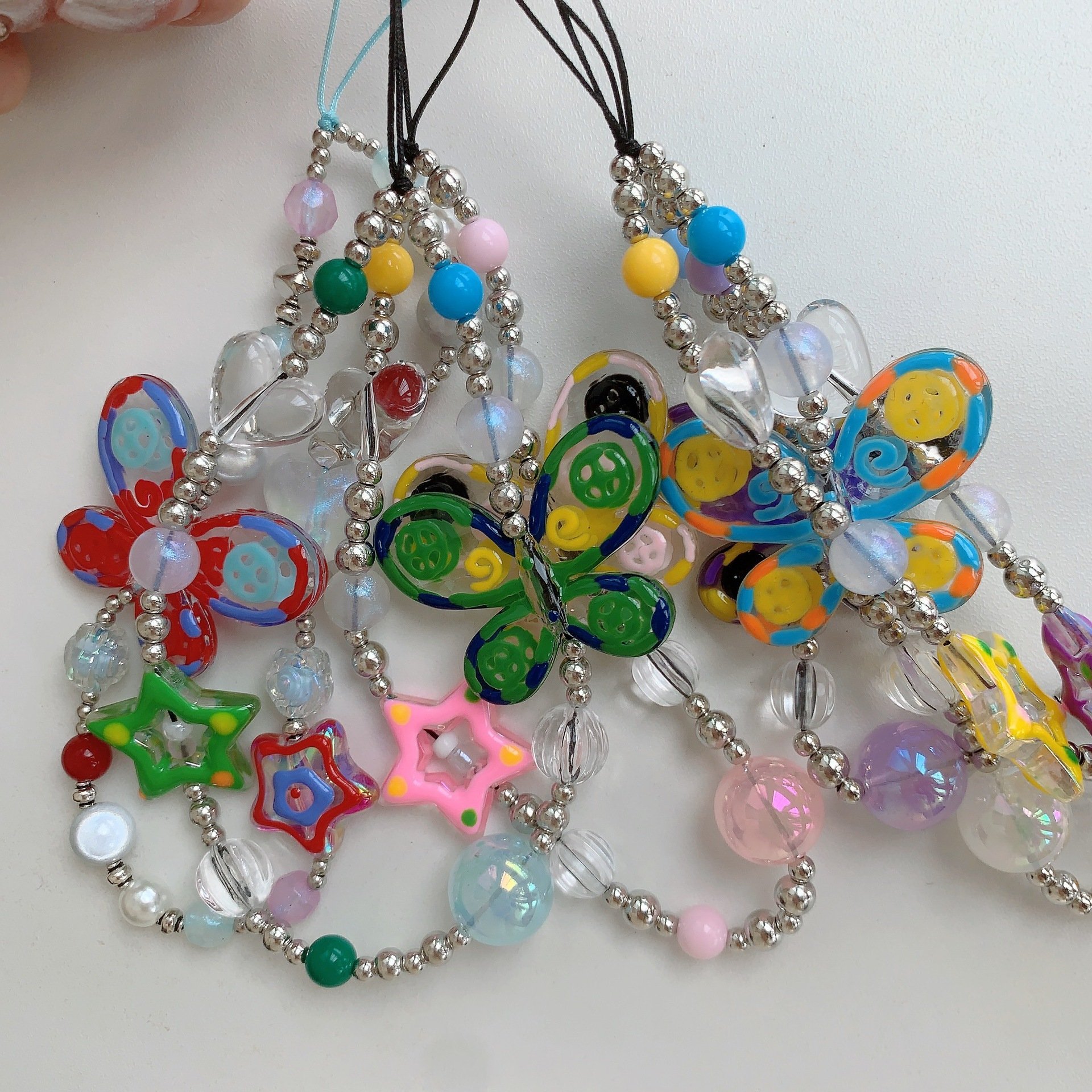 Hand-Painted Star Butterfly Beaded Short Wrist Strap Mobile Phone Lanyard Anti-Lost Cell Phone Chain For Bag Hanging Pendant
