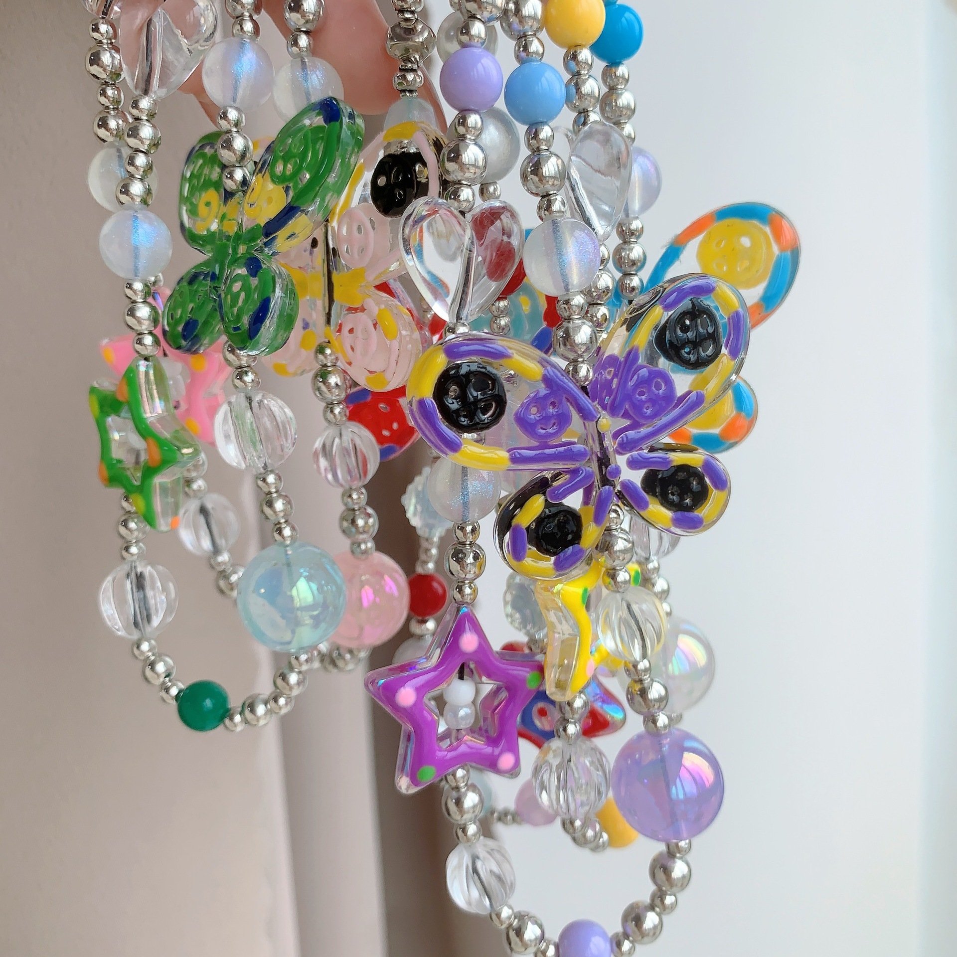 Hand-Painted Star Butterfly Beaded Short Wrist Strap Mobile Phone Lanyard Anti-Lost Cell Phone Chain For Bag Hanging Pendant