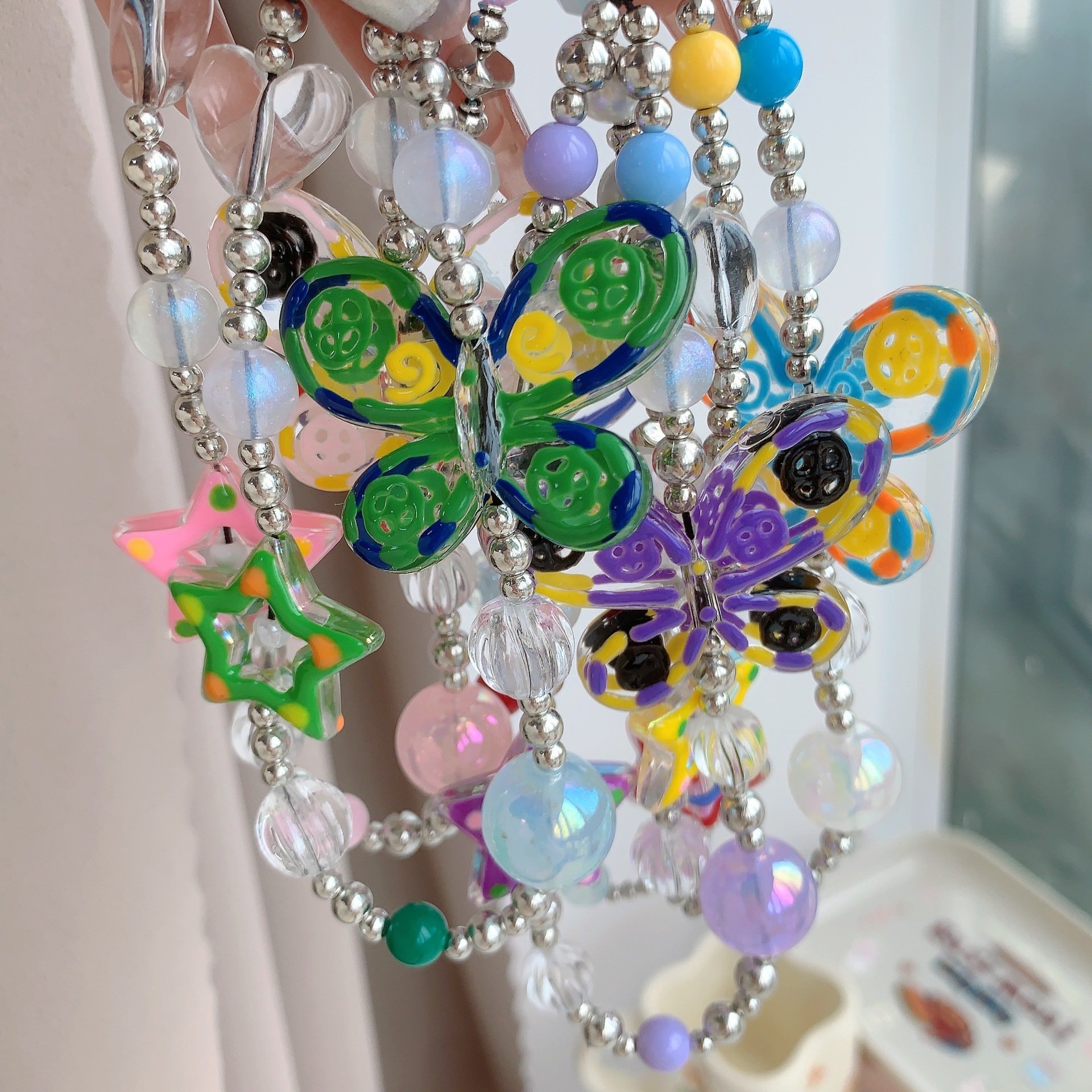 Hand-Painted Star Butterfly Beaded Short Wrist Strap Mobile Phone Lanyard Anti-Lost Cell Phone Chain For Bag Hanging Pendant