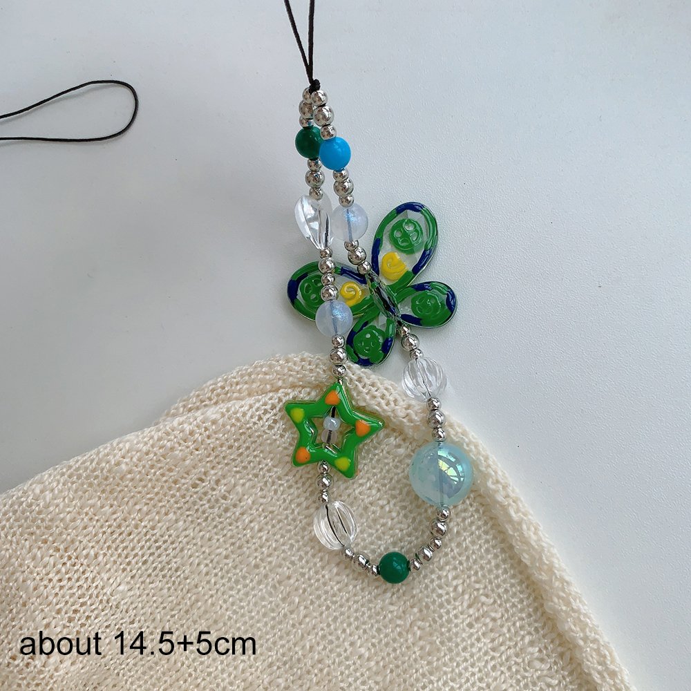 Hand-Painted Star Butterfly Beaded Short Wrist Strap Mobile Phone Lanyard Anti-Lost Cell Phone Chain For Bag Hanging Pendant